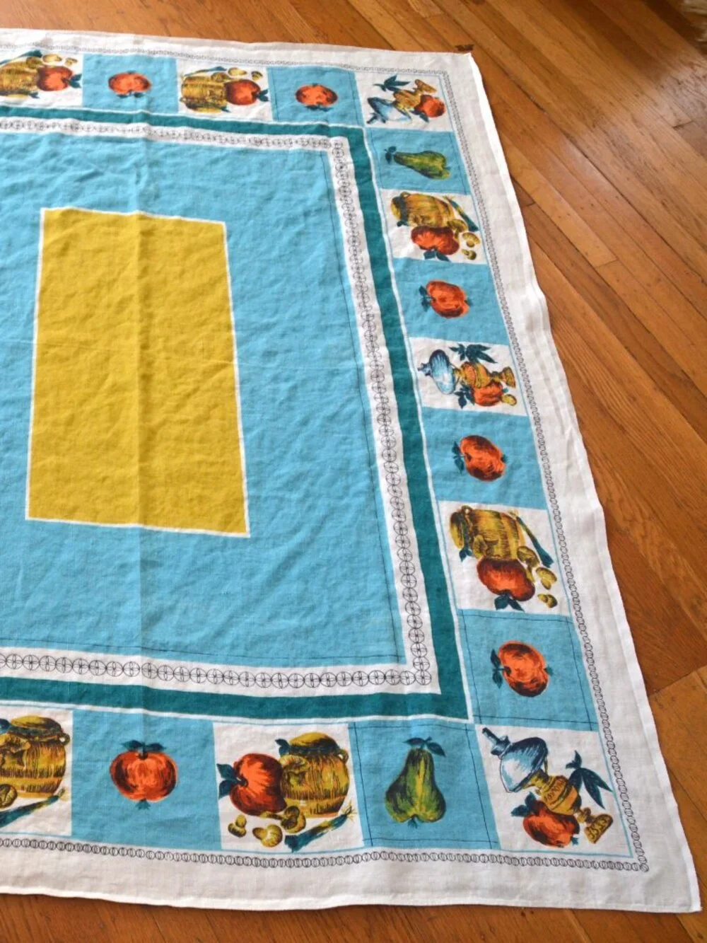 Vintage Mid-Century 100% Linen Tablecloth Fruit Turquoise Gold 57